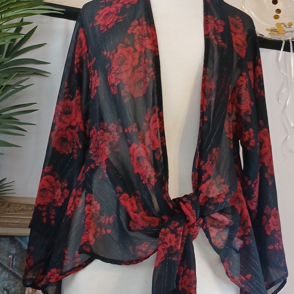 Torrid ROSE Black and Red Chiffon Floral Kimono One Size Xl- 1 X - Picture 6 of 6